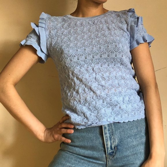 Zara Tops Baby Blue Zara Ruffle Knit Top Poshmark